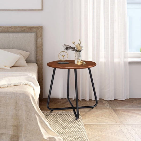 Round Adjustable Side Table, 20" Imitation Wood Top & Powder-Coated Steel Frame, Rust-Resistant Indoor/Outdoor End Table