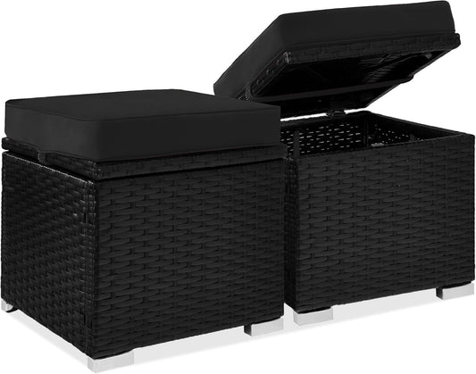 SUPQ Set of 2 Wicker Ottomans, Multipurpose Outdoor Furniture for Patio, Backyard, Additional Seating, Footrest, Side Table w/Storage, Removable Cushions - Black/Black