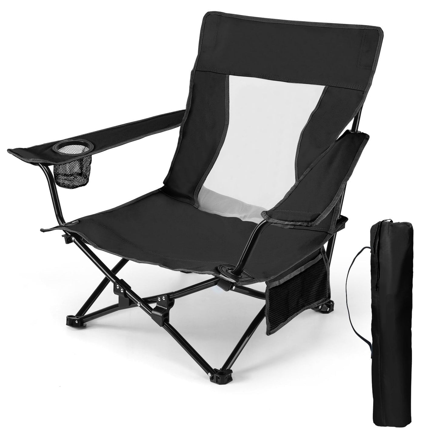 Hasteel Folding Beach Chair for Adults, Low Seat Camping Chair with High Back, Wide Seat Chair with Cup Holder & Carry Bag, Heavy Duty Portable Chair for Outdoor Picnic Travel - Black