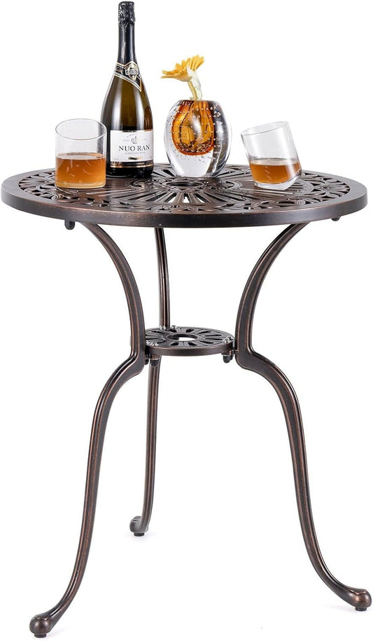ZDOOR 24” Patio Bistro Table, Cast Aluminum Outdoor Side Table with 2" Umbrella Hole, All-Weather Resistant Round Patio Dining Table for 2 for Front Porch, Pool, Backyard, Garden, Balcony
