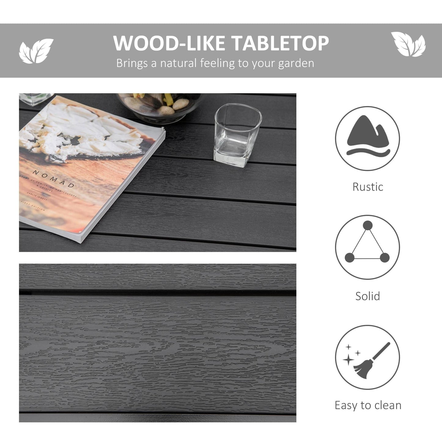 Resenkos Patio Dining Table For 4, Non-Slip Foot Pads, Aluminium, Plastic, Black