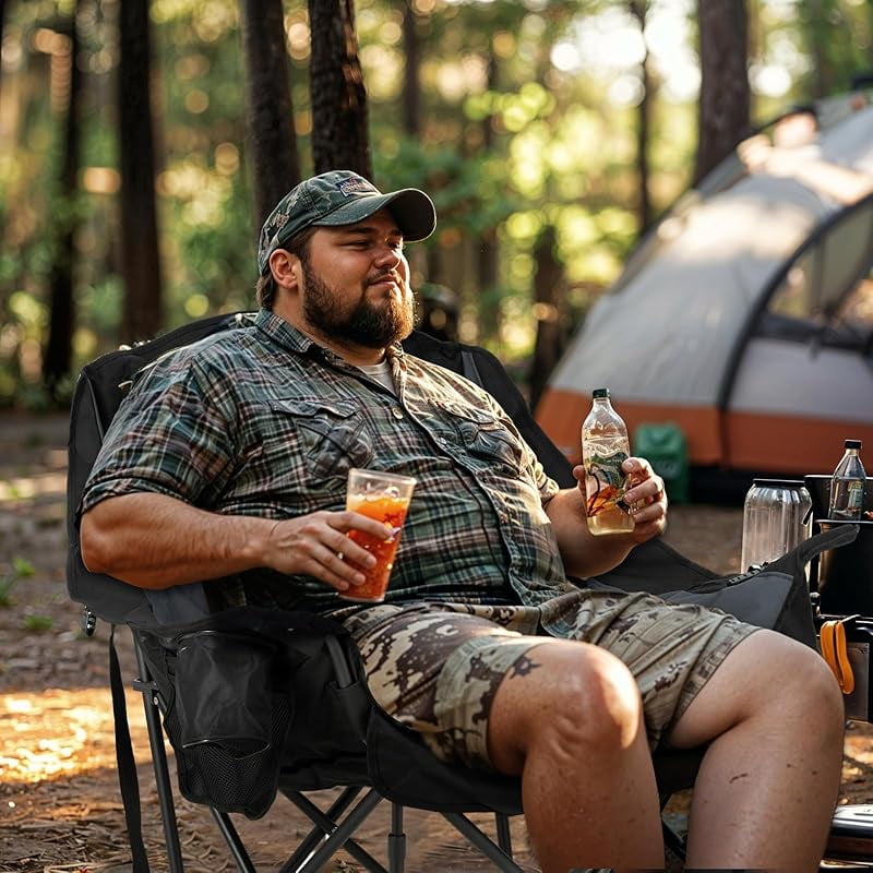 Oversized XL Camping Chair for Adults - 450lbs Support Heavy-Duty Padded Folding Chair with Side Pocket Cup Holder Cooling Bag