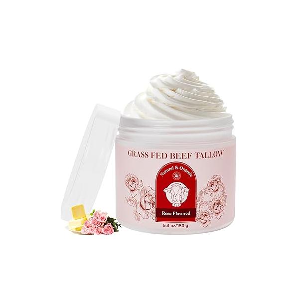Beef Tallow for Skin, Whipped For Face Moisturizer, Rose-Flavoured Cream Moisturizer Blam Grass Fed Body Lotion Skin Care, 5.3 OZ