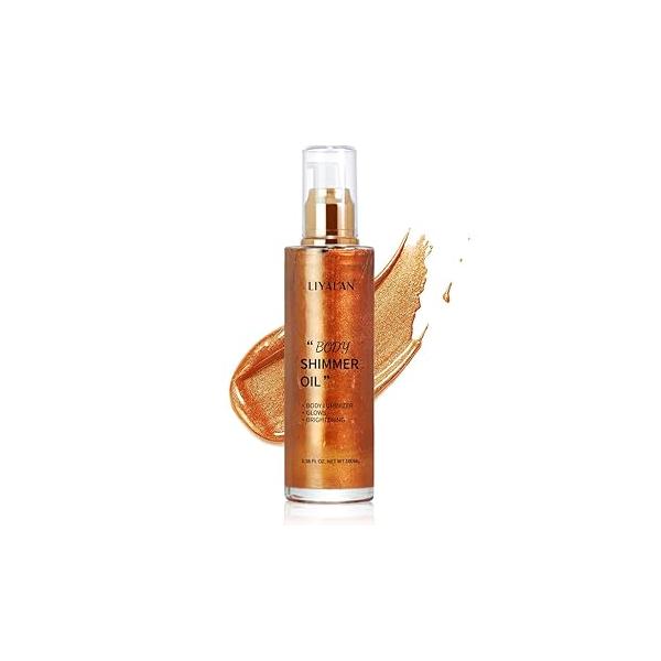 Liyalan Shimmer Body Oil Rose Gold 5 Color Bronze Face Glow Pearl Highlighter Illuminator body Makeup Shine Glitter Liquid Taning 3.38 Fl Oz
