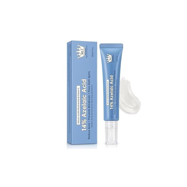 Azelaic Acid 14% Acne Cream for Redness Relief, Dark Spots, Facial Serum with Niacinamide & Vitamin C Prevent Breakouts, Balance Excess Sebum Soothe Irritation, 1 Oz.